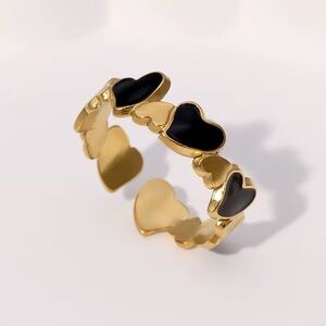 ◾️18k Gold Plated Black Enamel Heart Adjustable Ring